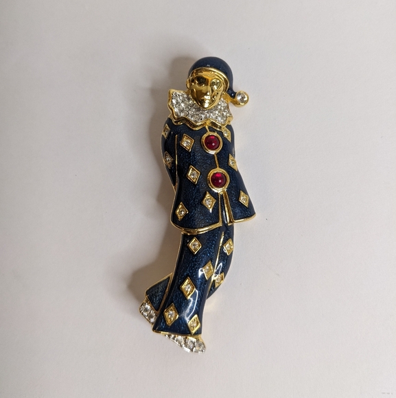 RARE Vintage Carucci Pierrot Harlequin Clown Brooch – Enamel & Rhinestones, 2.5” - Picture 9 of 11